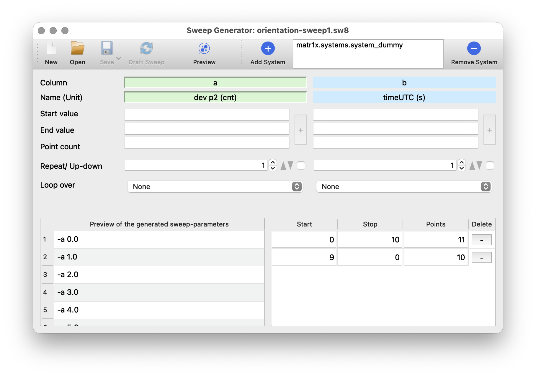 Sweep generator with loaded system file